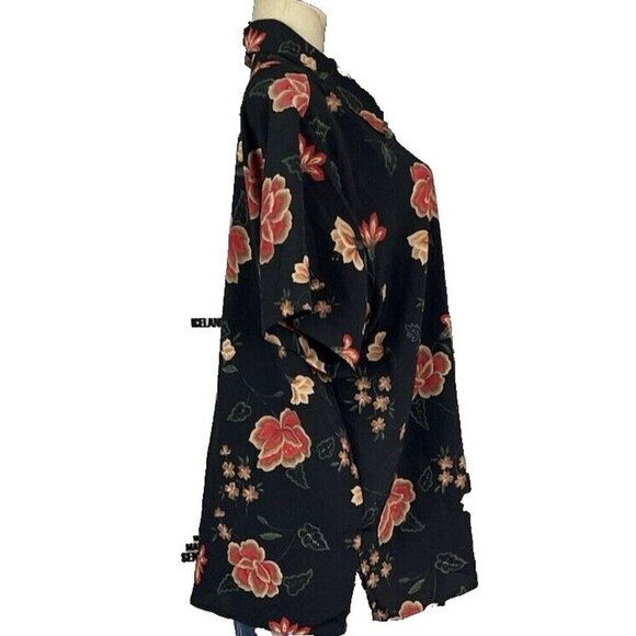 Claudia Richard +22W Black Floral Button Down Front Collar Short Sleeve Blouse - Picture 3 of 6